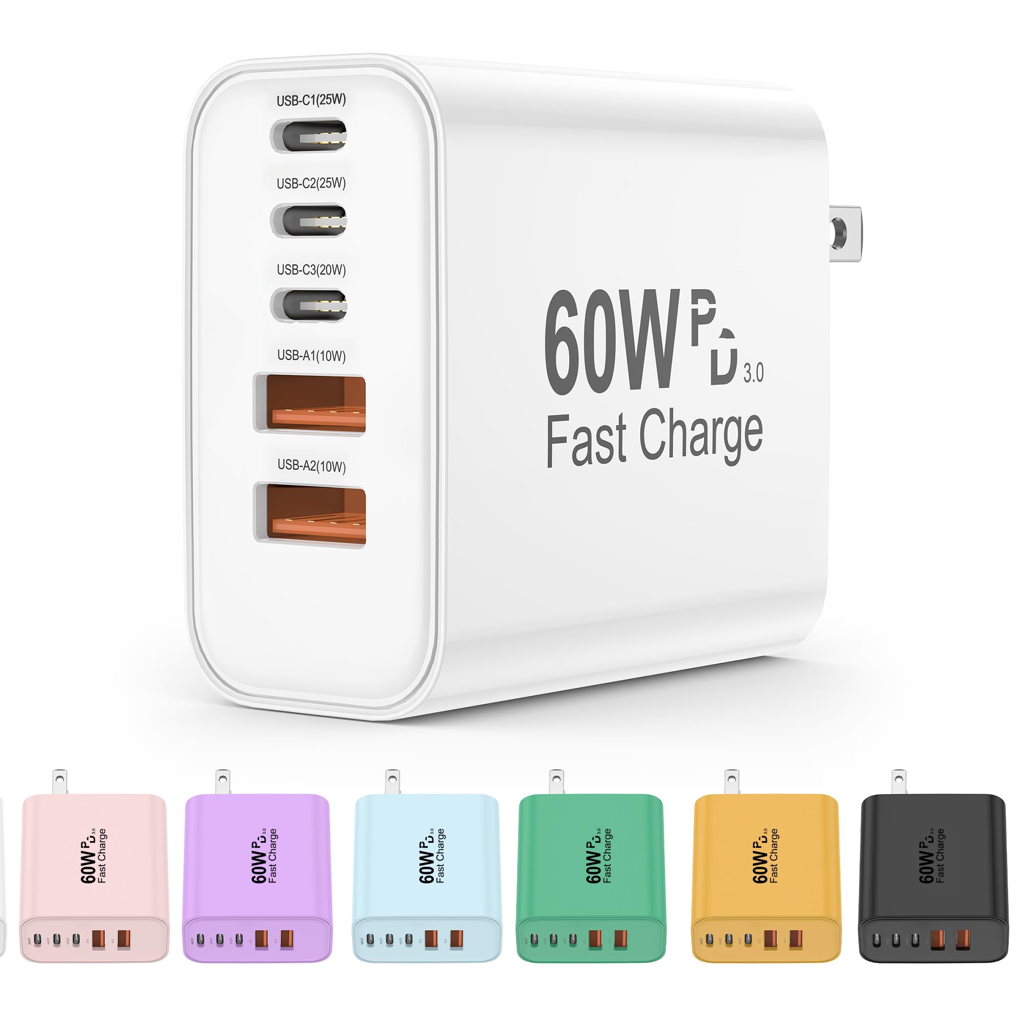 USB C Charger Block, 5 in 1 60W Charging Blocks, PD 3.0 25W Single Max Fast Charger, QC 2A USB Wall Charger for iPhone 17 16 15 14 13 12 Pro Max, iPad, iPod, Samsung, AirPods Pro, Apple Watch Series