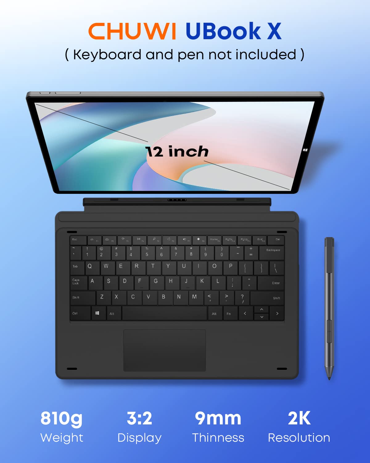 CHUWI UBook X Windows Tablet 12'', 512GB SSD 12GB RAM, Intel Core i5-10210Y, Windows 11 Tablet Touchscreen, 1TB SSD Expend, 2160x1440 IPS, 2.4G/5G WiFi, Dual Camera, 5000mAh, HDMI,BT 5.0