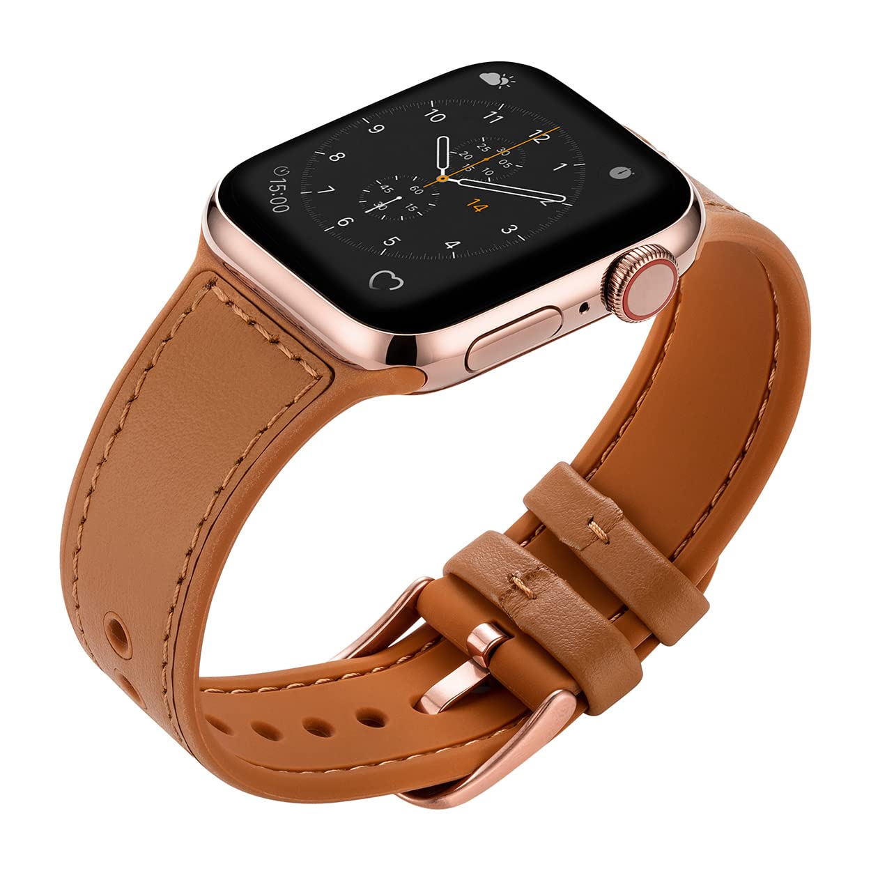 Buckle & Band Mona Silicone and Leather Sports Compatible Apple Watch Strap Brown Genuine Leather upper, silicone under with Rose Gold Buckle for Series 1, 2, 3, 4, 5, 6, 7 38mm, 40mm, 41mm