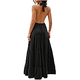 Milumia Women's V Neck Open Back Halter Dress Sleeveless Layered Summer Vacation Maxi Dresses