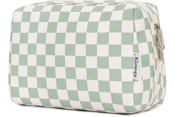 Narwey Checkered Makeup Bag Travel Cosmetic Bag Organizer Toiletry Bag Make Up Bags with Compartments for Women Girls (Large,