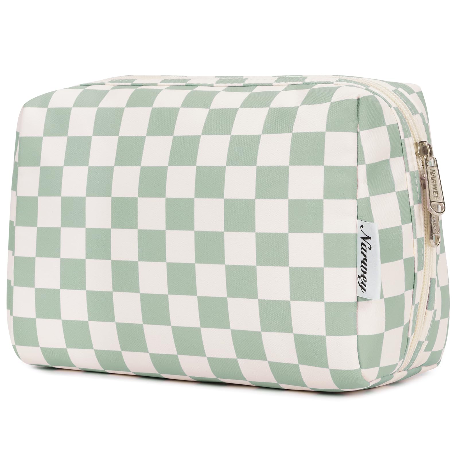 Large Makeup Bag Zipper Pouch Travel Cosmetic Organizer for Women (Mint Green Checkerboard, Large)