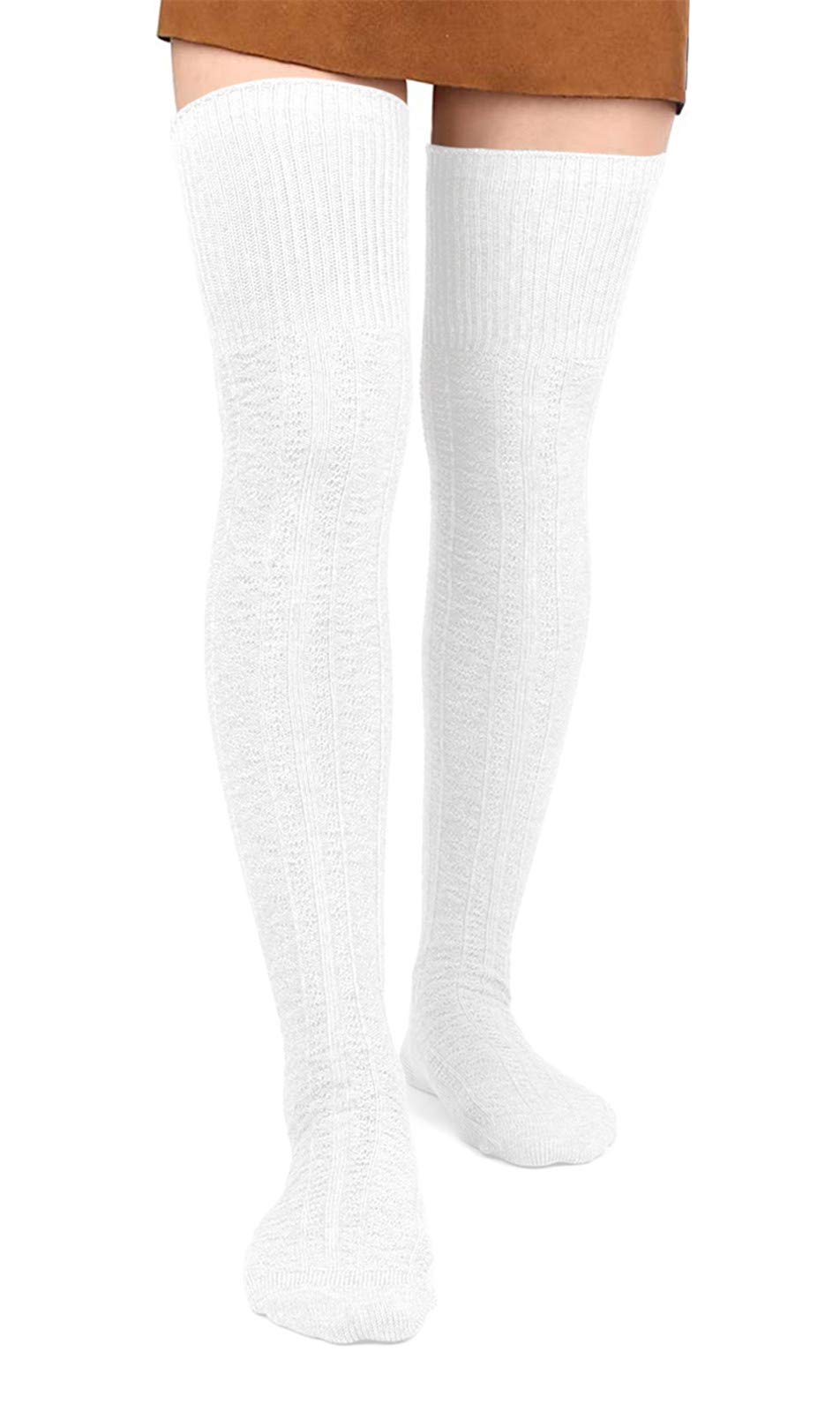 Photo 1 of Women Thigh High Socks Extra Long Cotton Knit Warm Thick Tall Long Boot Stockings Leg Warmers (1 White, One Size)