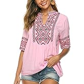 AK Women's Summer V Neck Boho Embroidered Mexican Shirts Short Sleeve Casual Tops Blouse