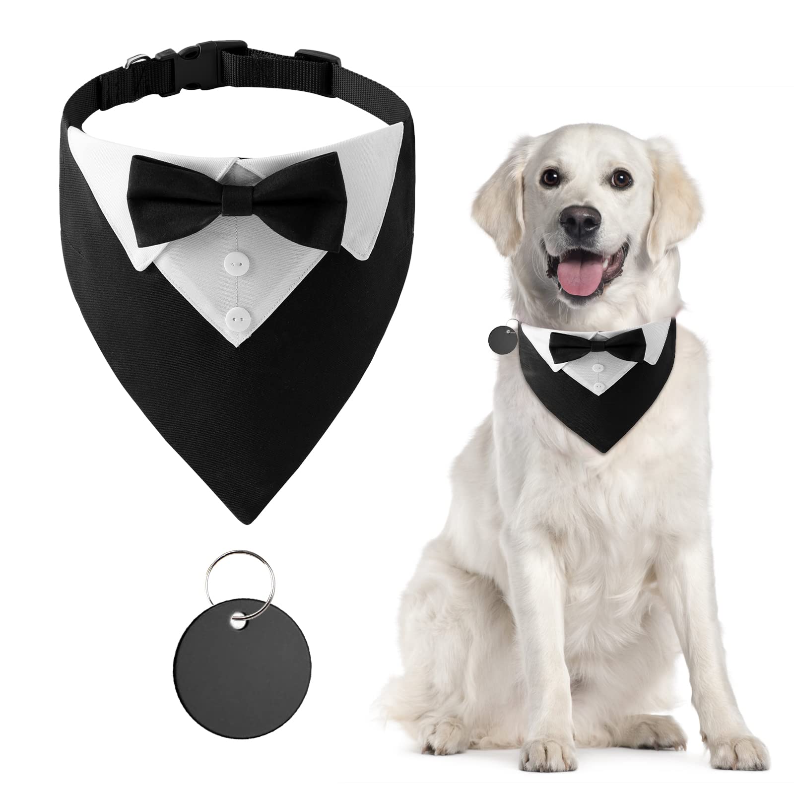URROMA 1 Piece Formal Dog Tuxedo Bandana, Dog Wedding Collar with Bow Tie and Neck Tie Adjustable Black Pet Costume Bowtie Neckerchief for Small Dogs and Cats, L