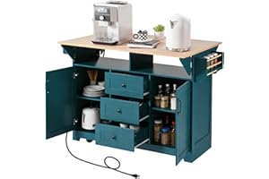 Ceecysaa Kitchen Island with Drop Leaf, Rolling Kitchen Cart on 5 Wheels with Power Outlet, Folding Island Table with Spice &