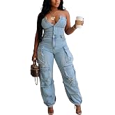 Voghtic Strapless Denim Jumpsuit for Women Date Night Out Club Outfits | Casual Off Shoulder Tube Button Down Cargo Straight Leg Stretch Jeans Romper Overalls With Multiple Pockets