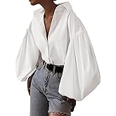 QIANZHIDU Women's Lapel Collar Button Down Lantern Long Sleeve Blouse Shirt Top