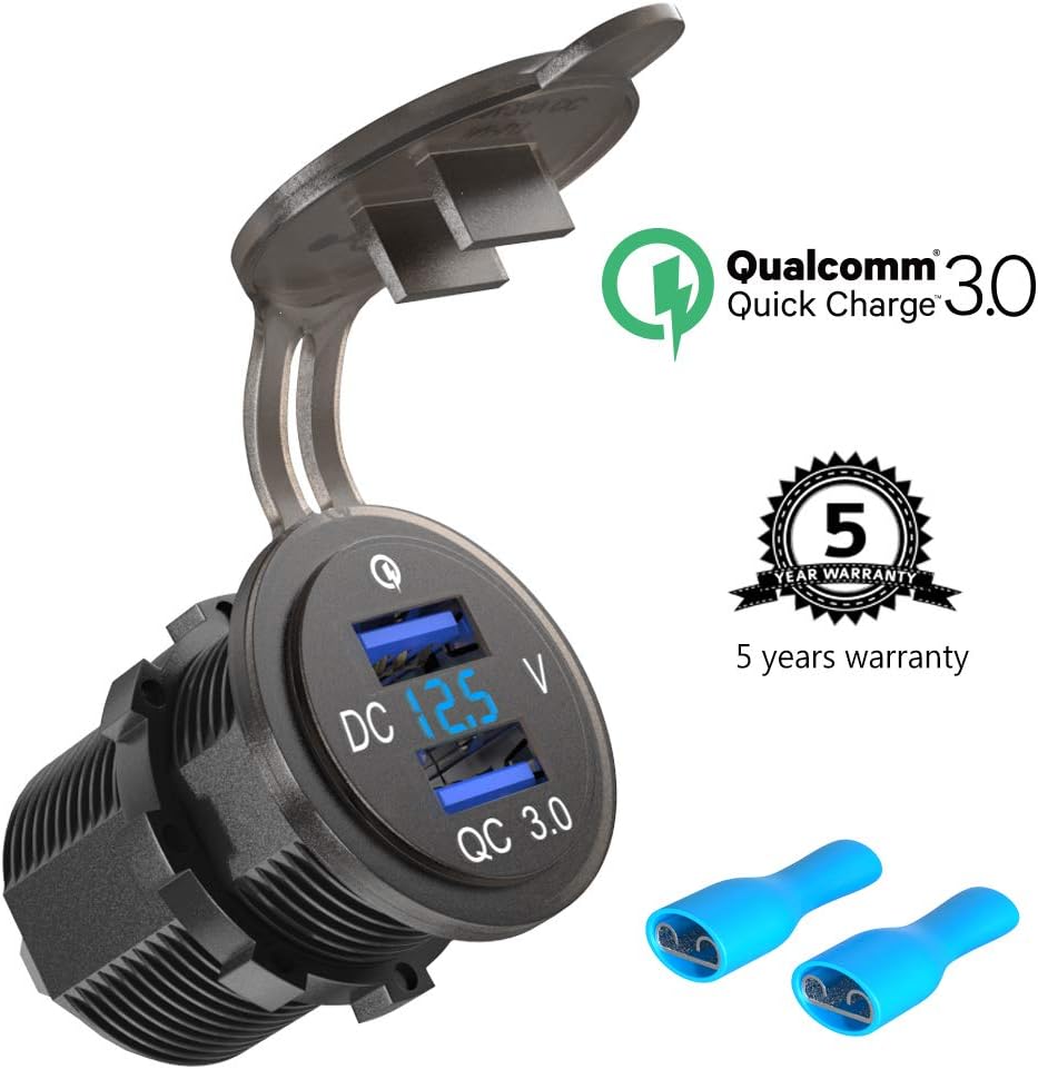 12V/24V USB Charger Socket Quick Charge 3.0, Dual QC 3.0 USB Car Power Outlet Waterproof Marine Cigarette Lighter Adapter 36W Fast Charge with LED Voltmeter for Boat Motorcycle ATV Truck Golf Cart
