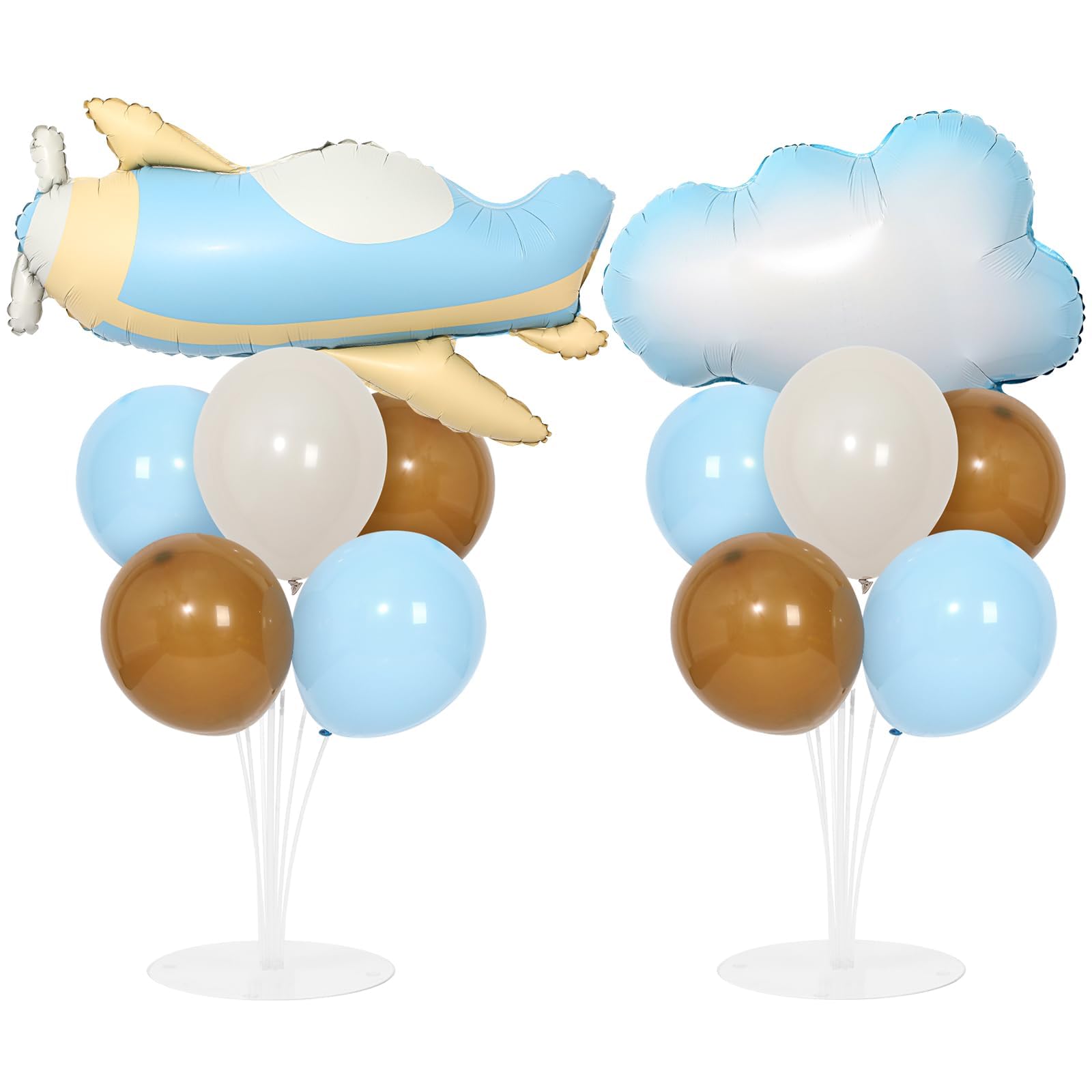 Photo 1 of Airplane Baby Shower Birthday Party Decorations Balloons Stand Kit 2 Sets with 2 Airplane Cloud Foil Balloons Baby Boy Shower Balloon Centerpiece for Table for Kid Time Flies 1st Birthday Party Decor