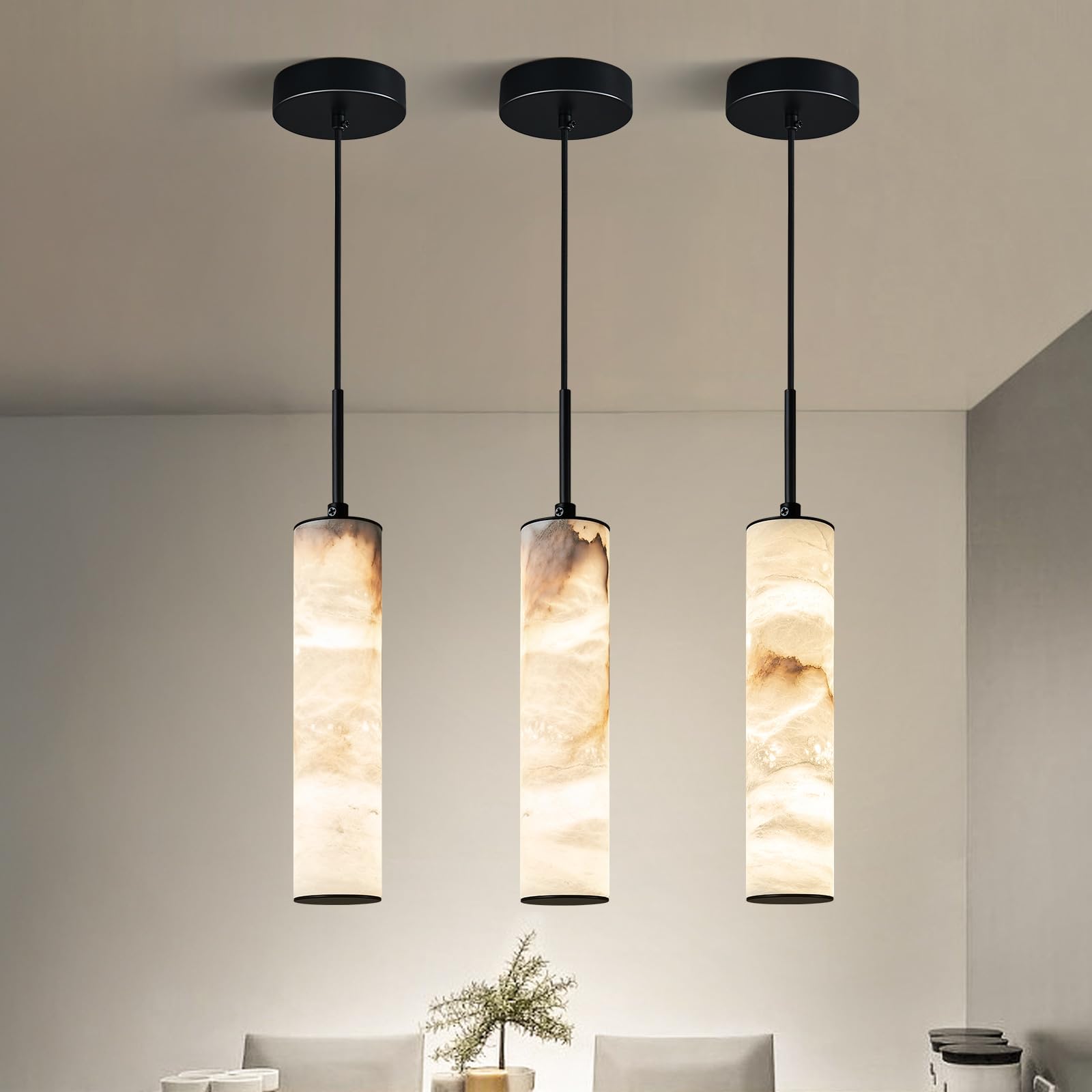 Photo 1 of LMQNINE Natural Alabaster Pendant Lights for Kitchen Island White Marble Long Tube Chandelier Modern Black Ceiling Light Fixtures for Bedroom Dining Room Table Living Room Hallway(S-3Pack)