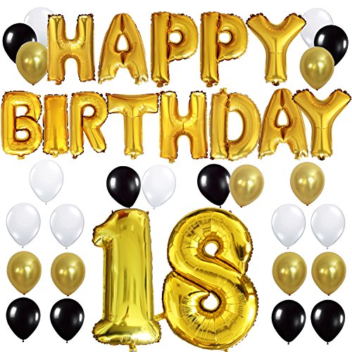 KUNGYO 18TH Birthday Party Decorations Kit - Happy Birthday Balloon Banner, Number “18” Balloon Mylar Foil, Black Gold White Latex Ballon, Perfect 18 Years Old Party Supplies