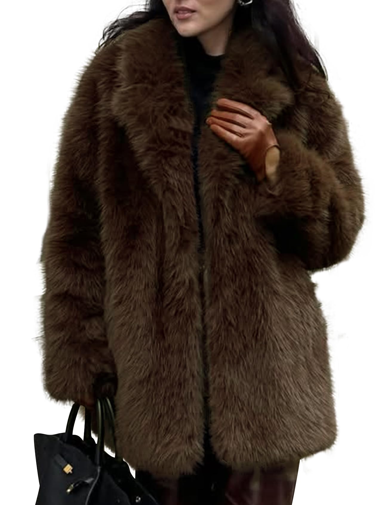 Photo 1 of COZYPOIN Womens Faux Fur Coats Warm Mid Long Furry Jackets Long Sleeve Lapel Winter Fluffy Outerwear Shaggy Parka Coat(Brown-S)