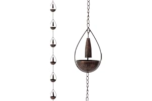 eUty 8.5ft Rain Chain for Gutters Faux Copper Bowl and Bell Rain Chain with 10 Cups Rain Catcher Chain with V-Shaped Clip for Outside Eaves Drainage Replacement for Downspout