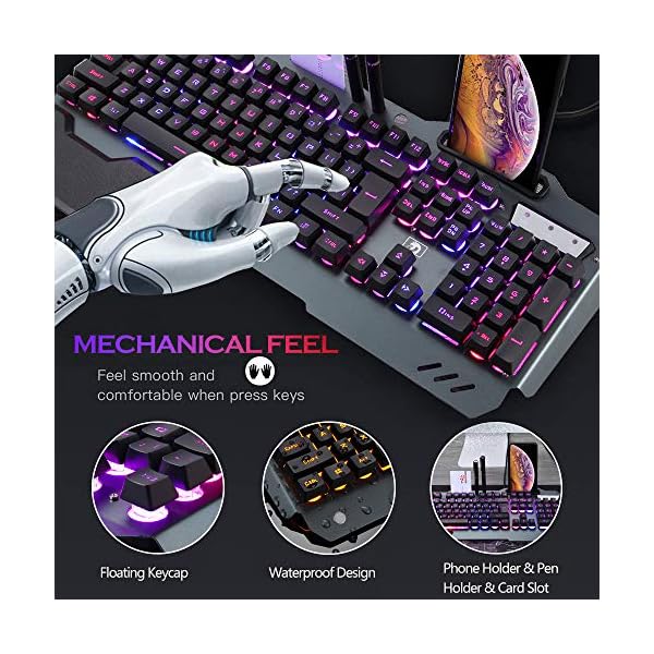 Gaming-Keyboard-and-Mouse-Combo-Gray-Alloy-Panel-Mechanical-feel-Wired-16-LED-RGB-Backlit-USB-Keyboard-with-Wrist-Rest-Phone-Holder-for-PC-Gamers-Xbox-PS4-3200DPI-LED-Breathing-Backlit-Mouse Wired Gaming Keyboard and Mouse Combo Set, Gray Alloy Panel, 16 LED RGB Backlit with Removable Wrist Rest, 26 Keys Anti…