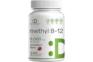 DEAL SUPPLEMENT Methyl B-12 Vitamins 5000 mcg, 240 Chewable Tablets | Active Form - Strawberry Flavored - Energy Support & Brain Health Function - Vegetarian & GMO Free