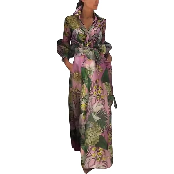 XNC Women's Floral Maxi Dress - V-Neck 3/4 Sleeve With Belt - Pink Flowy A-Line Dress