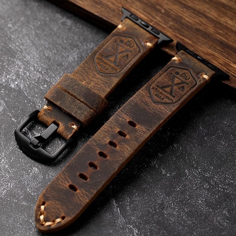 KONAFEI Band Compatible with Apple Watch Ultra 2/1 49mm 46mm 45mm 44mm 42mm 41mm 40mm 38mm Series 10/9/8/SE/7/6/5/4/3/2, Vintage Leather iWatch Strap for Men Women (42/44/45/49mm, Brown-Black Hardware)