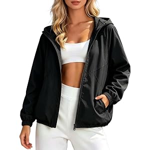 Zip Up Rain Jacket Women Waterproof Lightweight Windbreaker Hooded Packable Casual Trendy Outdoor Drawstring Hem Raincoat