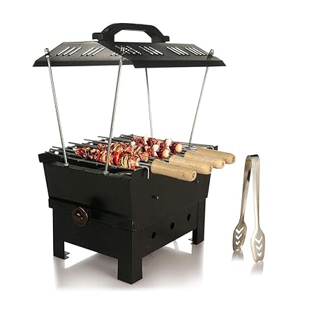 B.N.Brights Hut Shaped Barbeque with 6 Skewers,1 Glove,1 Tong,Electric + Charcoal Grill Compact BBQ (Medium, Black)