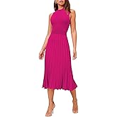 Pink Queen Women's Crew Neck Sleeveless High Waisted Bodycon Pleated Ribbed Swing Knit Midi Dresses