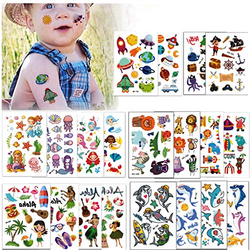 Temporary Tattoos for Kids, BUVE 240 + Design Kid Face Tattoos Pirate Shark Mermaids Spaceships Summer Tropical Party Favors Body Sticker for Boys Girls, 20 Sheet