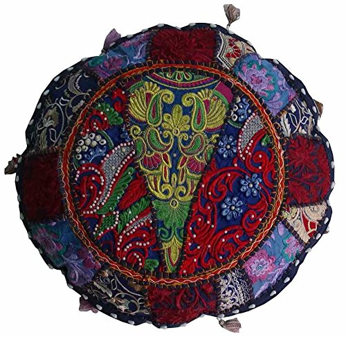 2pcs Indian Handmade Home Decorative Vintage Sequin Patchwork With Tassel Floor Pillow Case Embroidery Round Cushion Cover 45cmx45cm 18"x18" (45cm Diameter) (Blue)