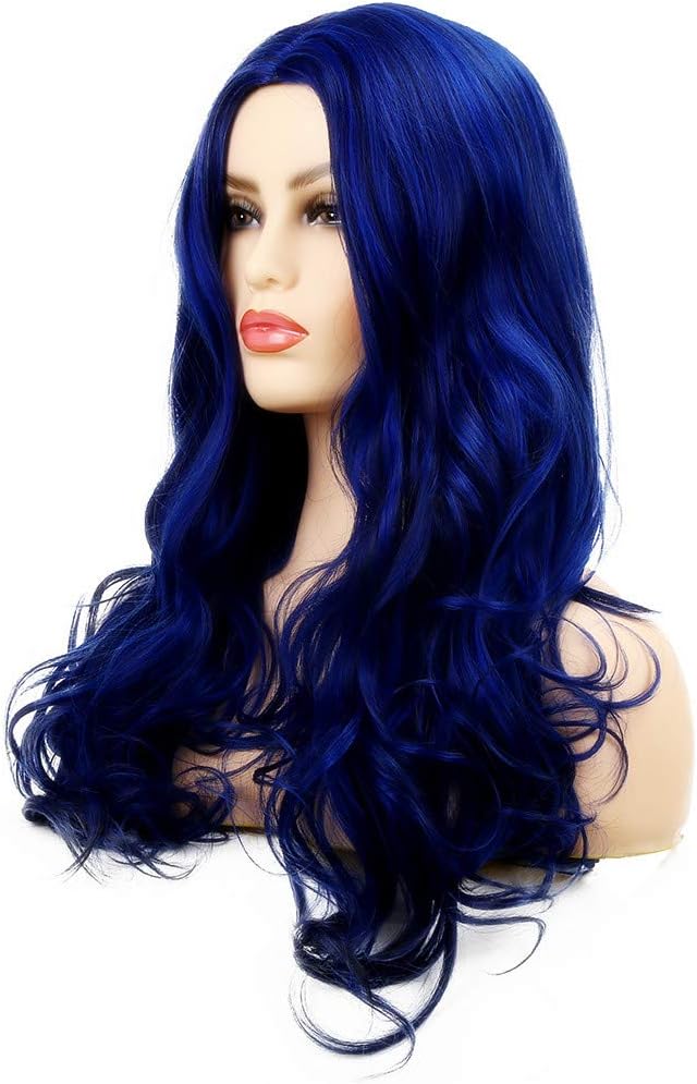 Long Blue Wigs for Women Curly Wavy Synthetic Hair Wigs Heat Resistant Cosplay Halloween Costume Party (Dark Blue) - Image 5