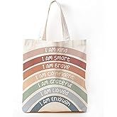 Zeghk Cute Small Tote Bag for Women, Kids Tote Bags for Girls, Boho Neutral Rainbow Library Book Tote Bag Gift for Teen Girls, I Am Kind I Am Smart I Am Brave