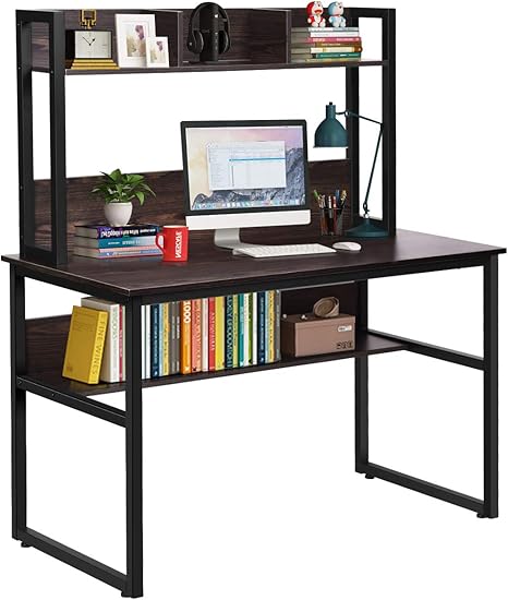 Amazon Com Tangkula 47 5 Inches Computer Desk With Bookshelf Modern Study Writing Desk With Desktop Hutch Bottom Storage Shelves Laptop Table Computer Workstation For Home Office Dark Walnut Kitchen Dining