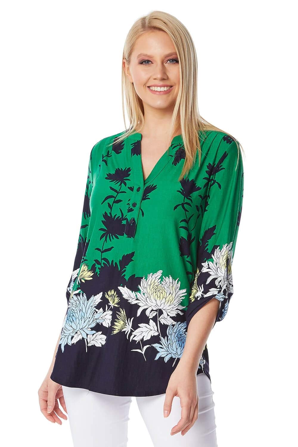 Roman Originals Womens Floral Border Print 3/4 Sleeve Top Ladies