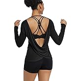 Muzniuer Women's Long Sleeve Workout Shirts Backless Yoga Shirts Cross Back Open Shirt