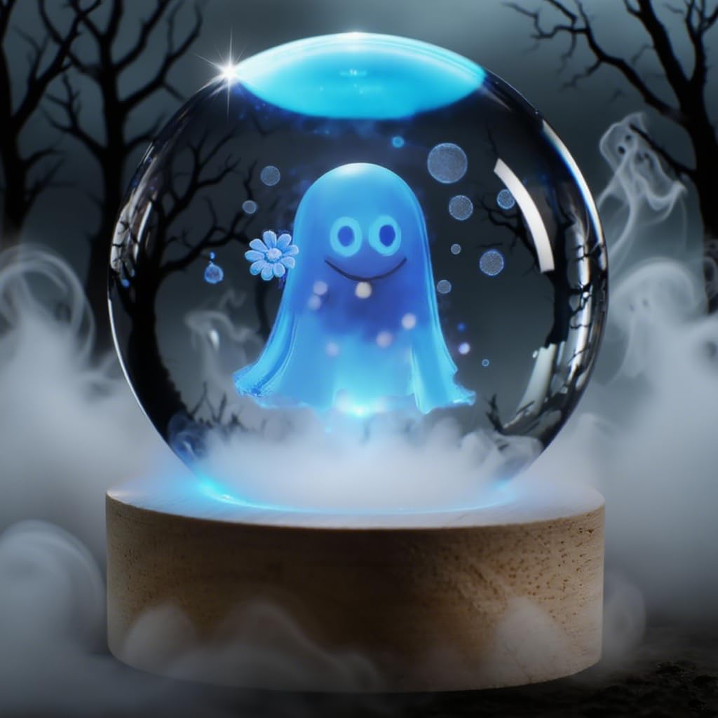 Yummycarrot Handmade Emotional Support Crochet Doll,Light Up Ghost in Crystal-3D K9 Crystal Ball 2.36'' Smiling Spooky Ghost with Lights for Halloween Home Decor