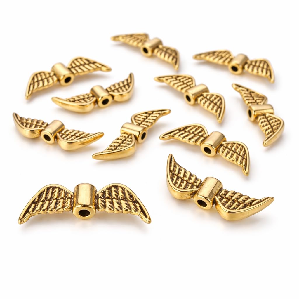 Pack of 20 Wings Angel Metal Beads Angel Wings Beads 21 mm Gold Colour Metal Spacer DIY for Bracelets Necklace