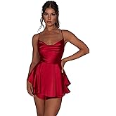 AGYMNX Women Sexy Spaghetti Strap Satin Dress Sleeveless Low Cut Backless Short Romper Dress Party Jumpsuit Mini Sundress