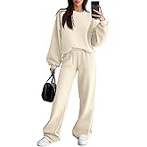 Sweetyweee Women's 2 Piece Outfits Set Fleece Lined Lounge Sweatsuit Crewneck Pullover Top Wide Leg Pants Casual Tracksuit