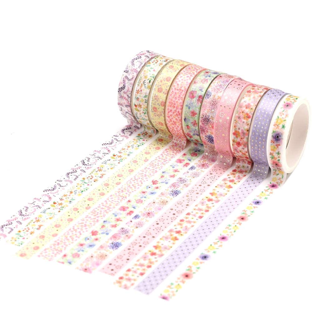 YUBX Skinny Gold Washi Tape Set Foil Decorative Tape for DIY Crafts, Bullet Journals, Planners, Scrapbooking, Wrapping (Flower Theme)