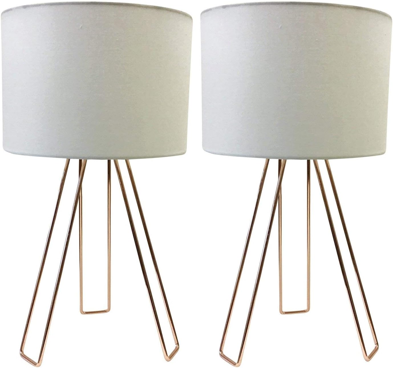 Pair of 2 Copper Table Lamps or Bedside Lights, White Cotton Fabric Shades, Modern Tripod Design Bedside Lamps, Tripod Table Lights, LED Compatible, Height 41cm
