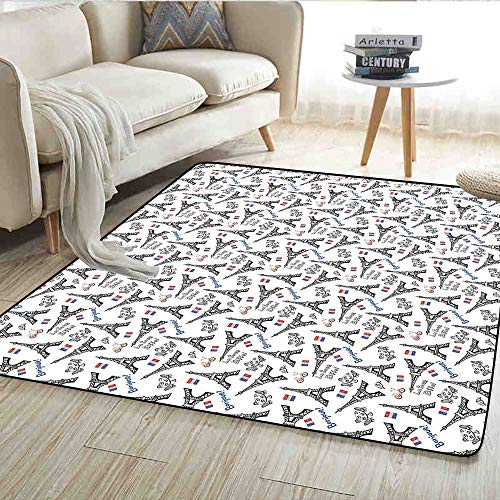 Carpet,Cute Doodle of Towers French Flag Bonjour La Tour Eiffel Cafe Croissant Bicycle,Rug Kid Carpet,Blue Black Red 55"x63"