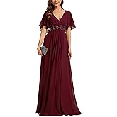 Ever-Pretty Women's Chiffon V-Neck Mother of Bride Dresses A-Line Ruched Short Sleeves Appliques Bridesmaid Dress Formal Gown