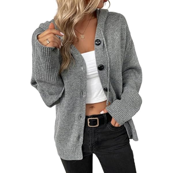 Women Button Up Hoodie Knit Hoodie Cardigan Gray Ribbed Hooded
