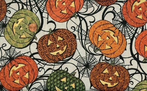 In the Beginning 'Hallowgraphix II' Halloween Jack-O-Lanterns on White Cotton Fabric By the Yard