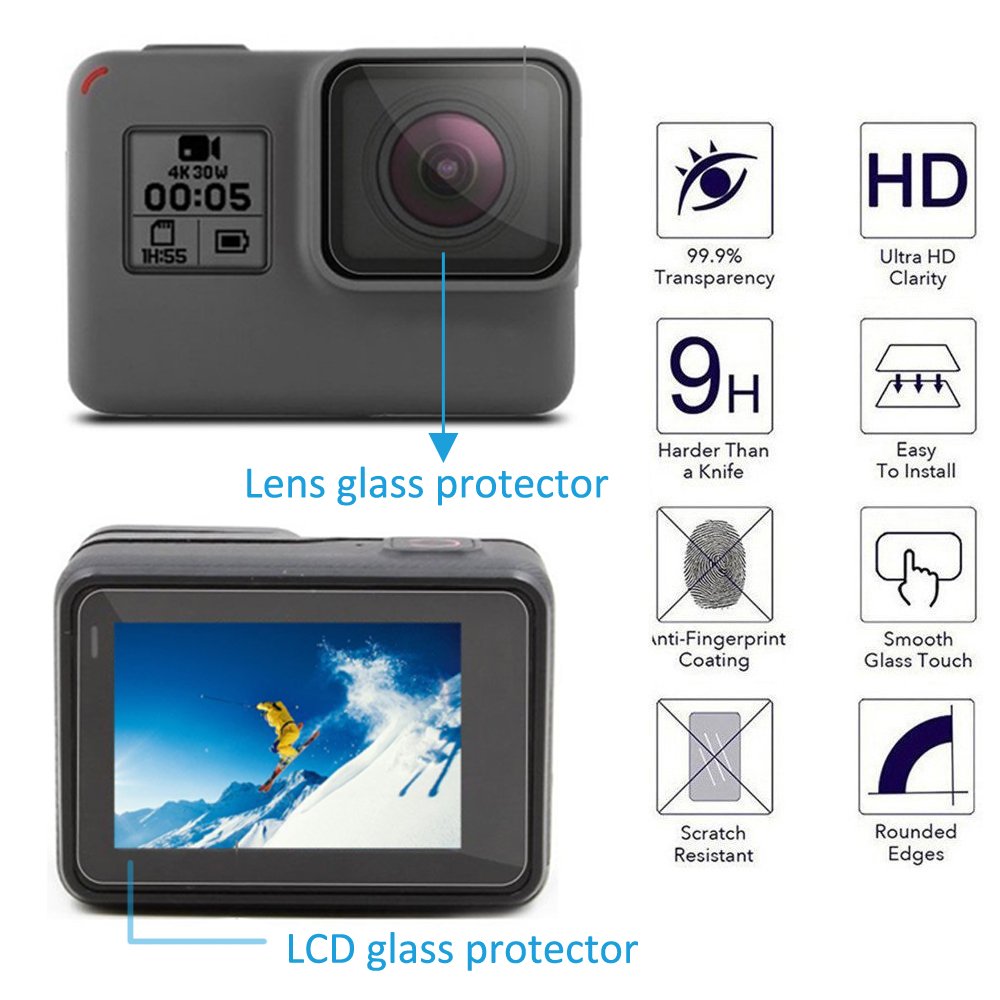 MyArmor 2x LCD & Lens Tempered Glass Screen Protector Skin Film + 2x Lens Silicone Protective Cap Cover with Cleaning Kits for Gopro Hero 5 (Not Suitable for Other Gopro Medels)
