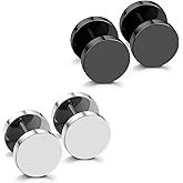 JewelrieShop Black Faux Gauges Plugs Earrings for Men Stainless Steel Dot Disc Studs Circle Flat Back Cheater Tunnel Dumbbell Earrings Women(18 Gauges,2 Pairs,3-14mm,Black and Silver)