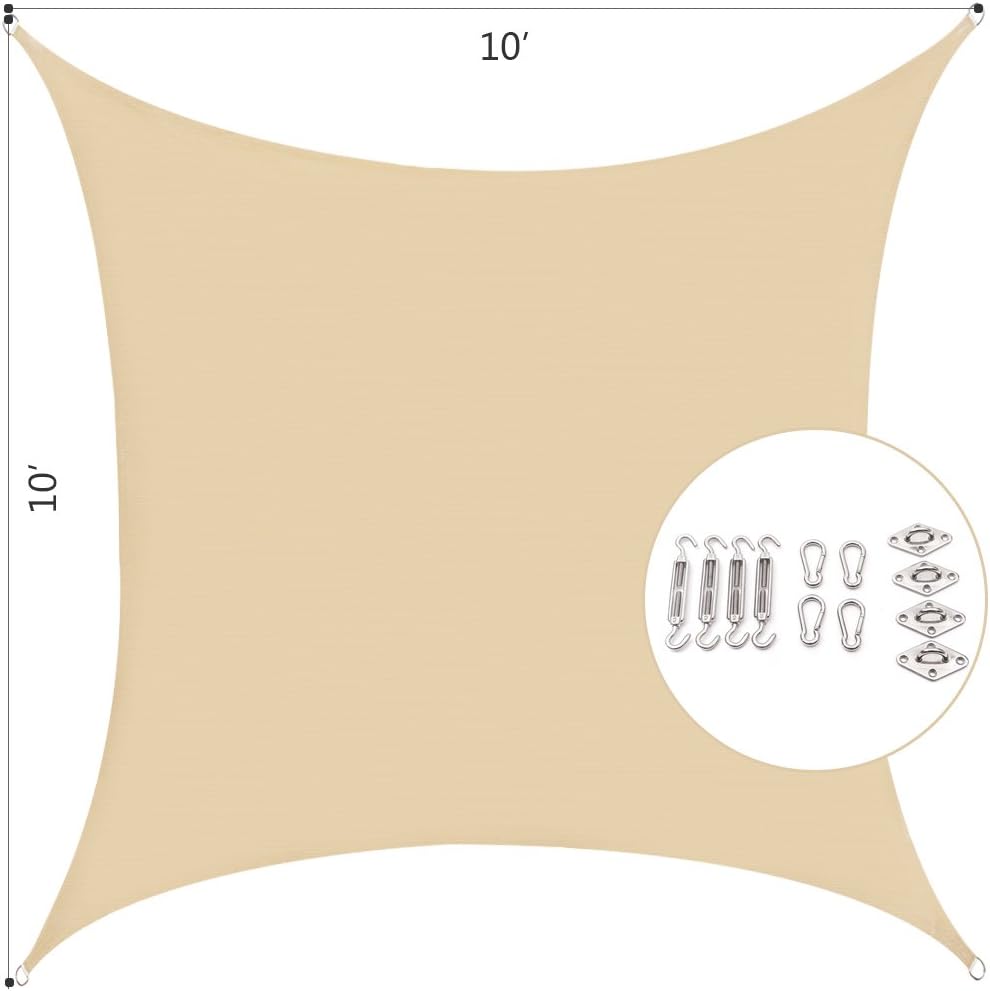 UPGRADE 10'X10' Sun Shade Sail, 10'x8' w/Hardware kit, Sand