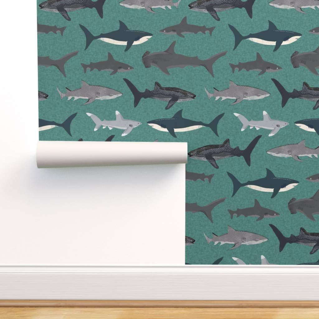 Peel-and-Stick Removable Wallpaper - Shark Attack Sharks Boys Men Ocean by Andrea Lauren - 24in x 72in Woven Textured Peel-and-Stick Removable Wallpaper Roll