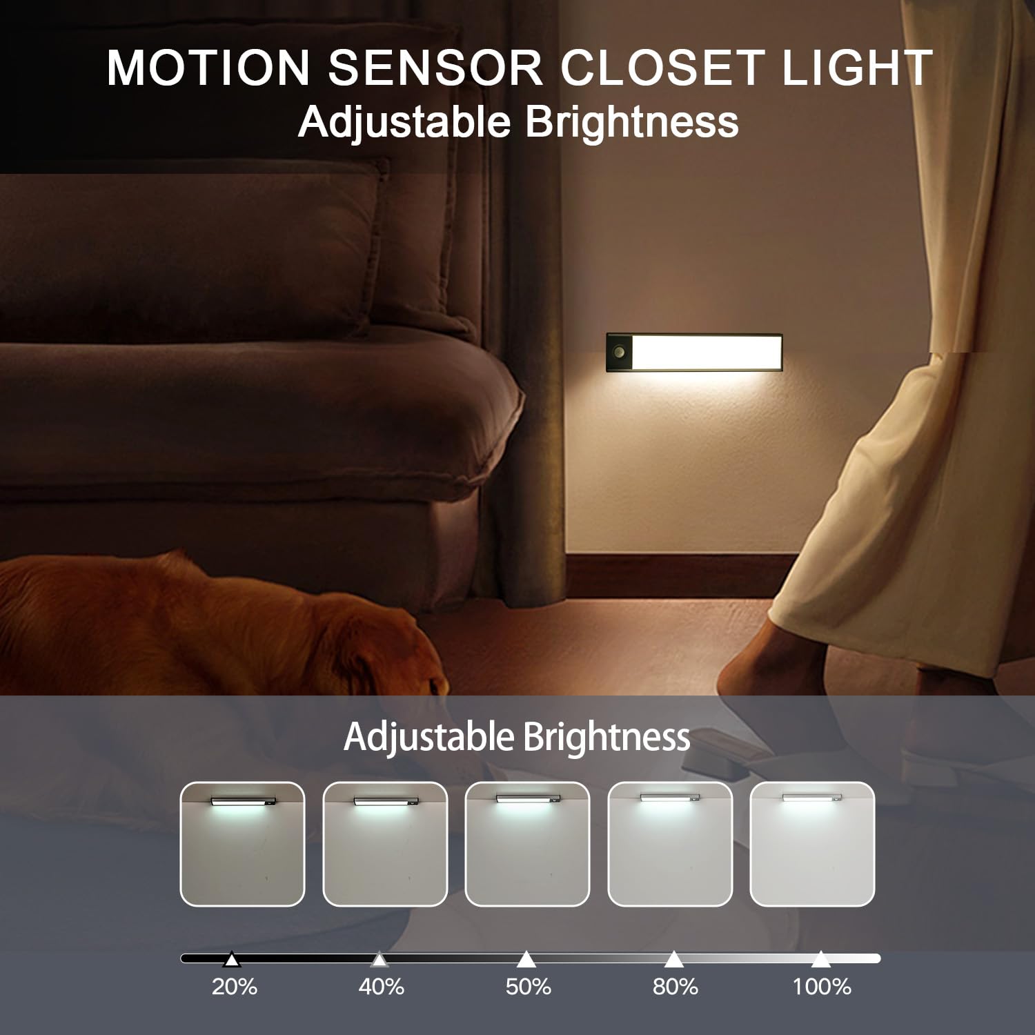 Under Cabinet Lighting, 2500mAh Motion Sensor Light Indoor, 160lm Rechargeable-Battery-Operated Closet Light, Magnetic Under Counter Lights for Kitchen, Stair, Drawer, Safe(7.8in, Cool White, 2 Pack)