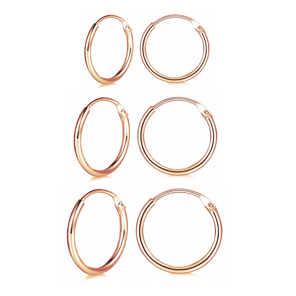 Shuxin Silver Hoops Earrings for Women, 3 Pairs 925 Sterling Silver Rose Gold Hoop Earrings Set for Girls, Hypoallergenic Small Sleeper Cartilage Hoops Rings, Thickness 1.2 mm, Diameter 10, 12, 14mm