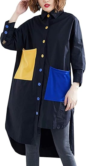 Amazon Bscool レディース ロングシャツ ポロネック シャツワンピース 長袖 大きいサイズ ブラウス 色切り替え 不規則 ロングワンピース ゆったり オシャレ カジュアル チュニック ワンピース チュニック 通販