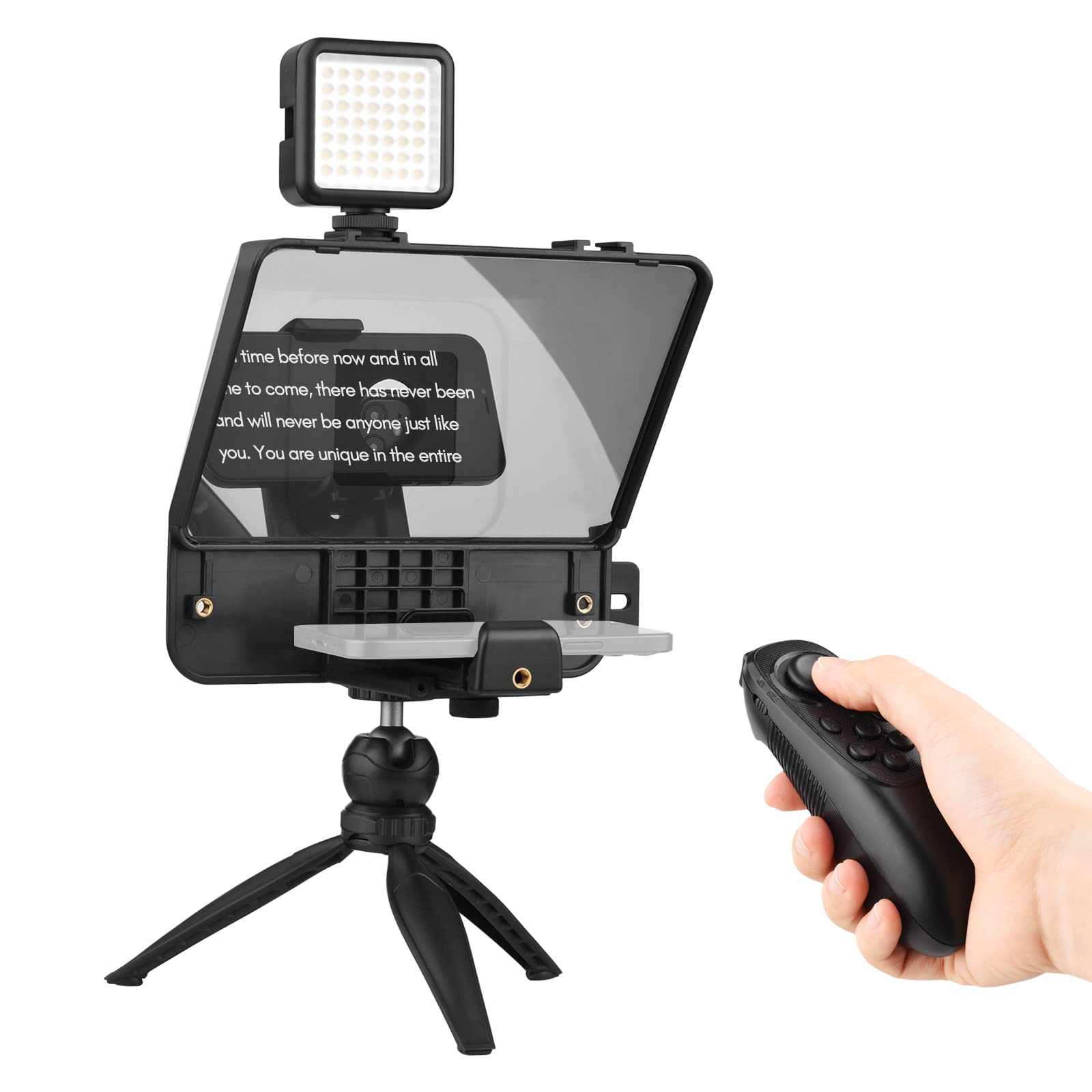 Andoer Portable Phone SLR Camera Teleprompter Prompter Kit with Stand LED Light Desktop Tripod Remote Control for Vlog Video Recording Live Interview Stage Presentation Conference